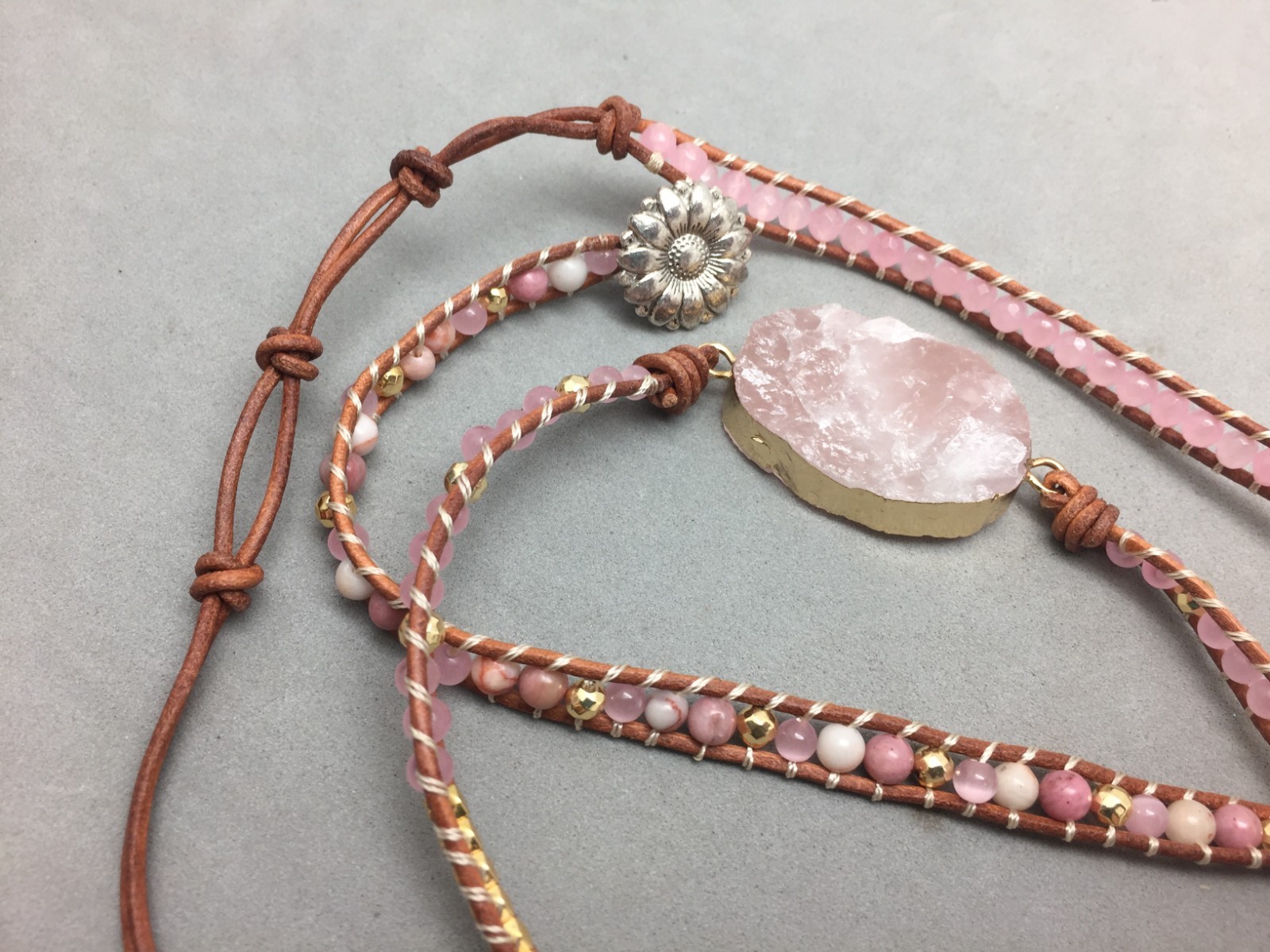 Natural Rose Quartz Crystal Beaded Leather Wrap Bracelet Heart Chakra Rhondonite