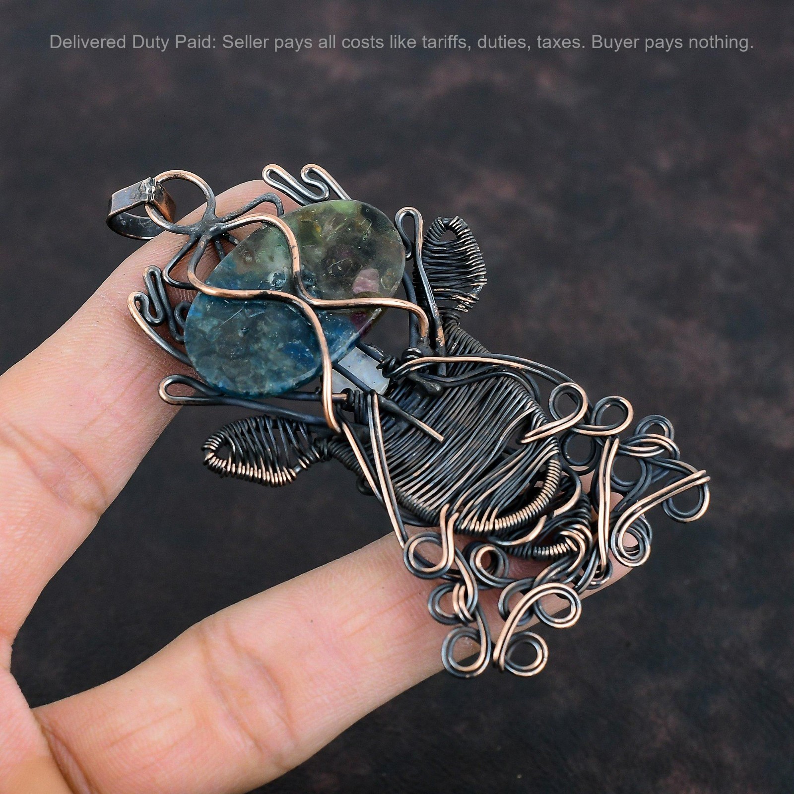 Oval Watermelon Tourmaline Stone Rainbow Moonstone Sister Pendant Jewelry Copper