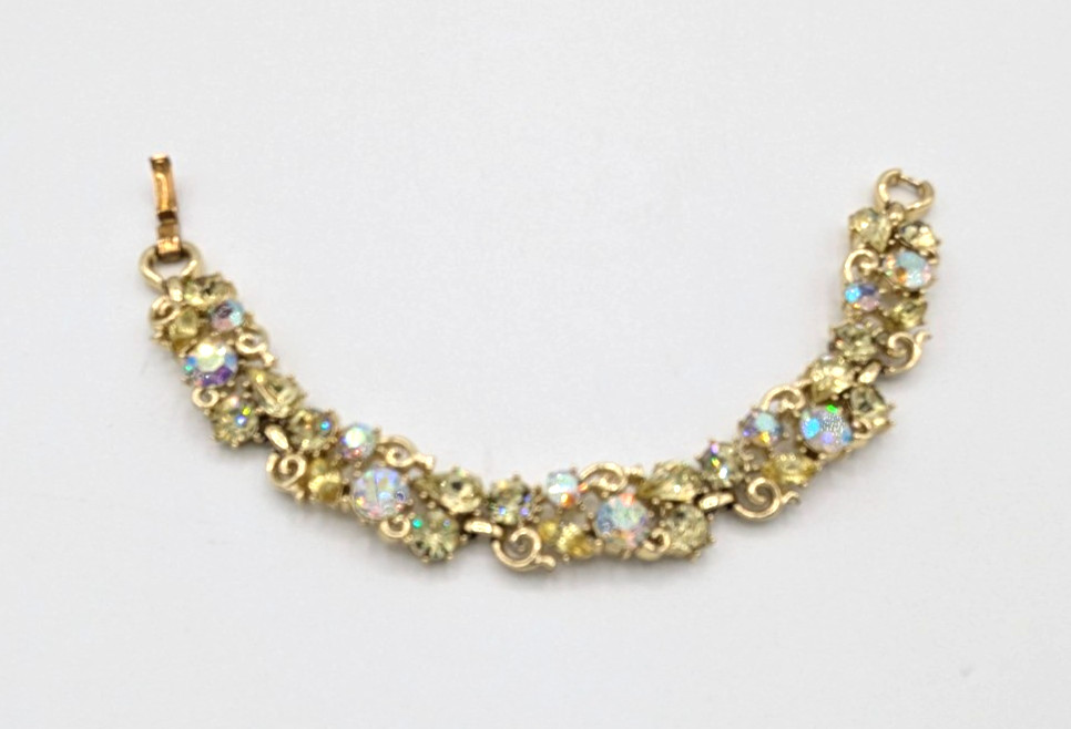 Vintage Lisner Jonquil Yellow Rhinestone Bracelet AB Crystal Gold Tone MCM