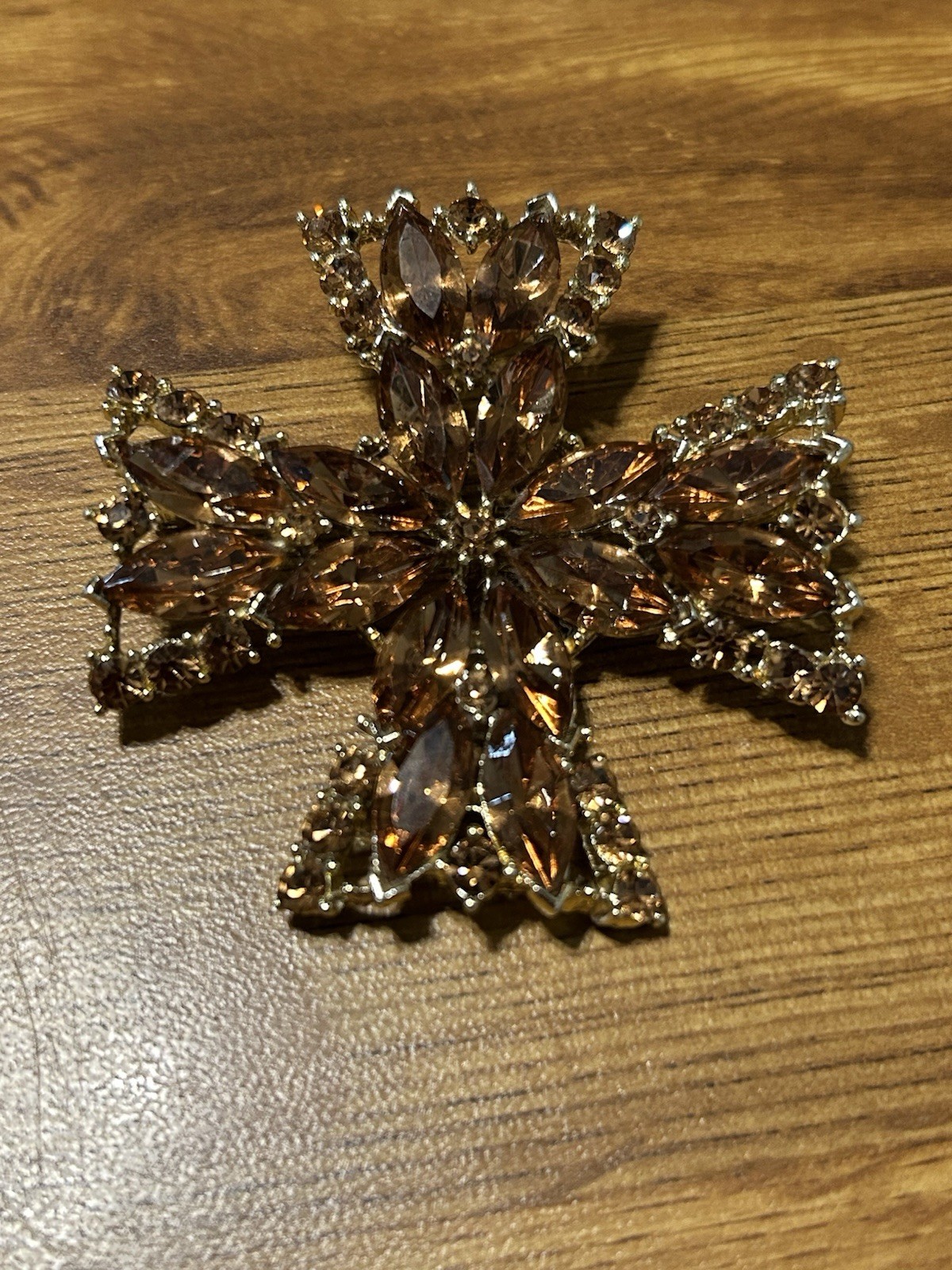 Signed Vintage 70s WEISS RARE 2-1/2” Maltese Cross Orange Austrian Crystals