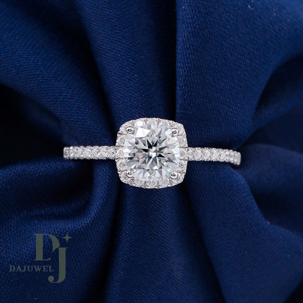 Solid 14K White Gold Moissanite Halo Engagement Ring 2.80 CT Cushion Cut For Her