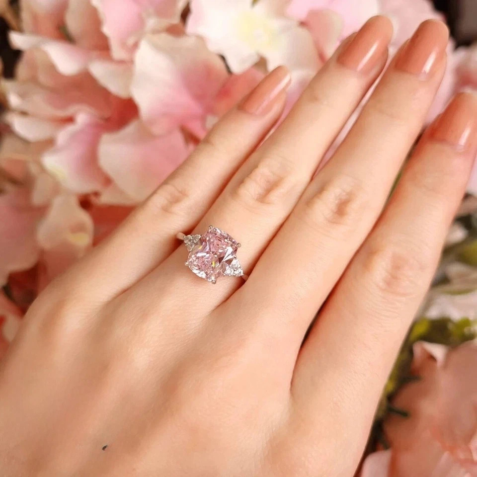 6.30 Ct Cushion Cut Natural Pink Sapphire Diamond Ring 14K White Gold Size 6 7 8