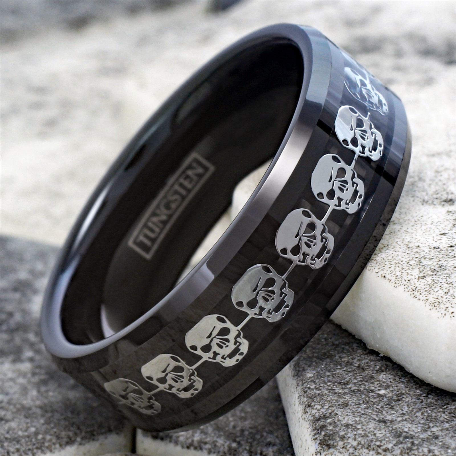 Black Tungsten Carbide Men’s Silver Skull over Carbon Fiber Wedding Band Ring