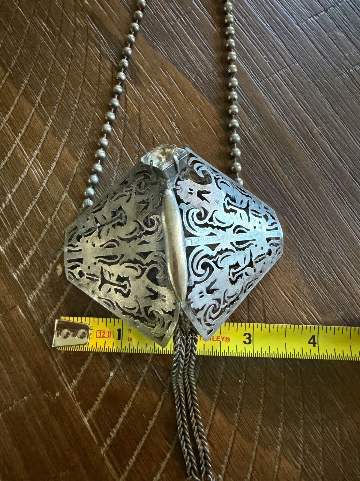 Avant Guard Long Filligree Silver toned Necklace with Crystal on Ball Chain