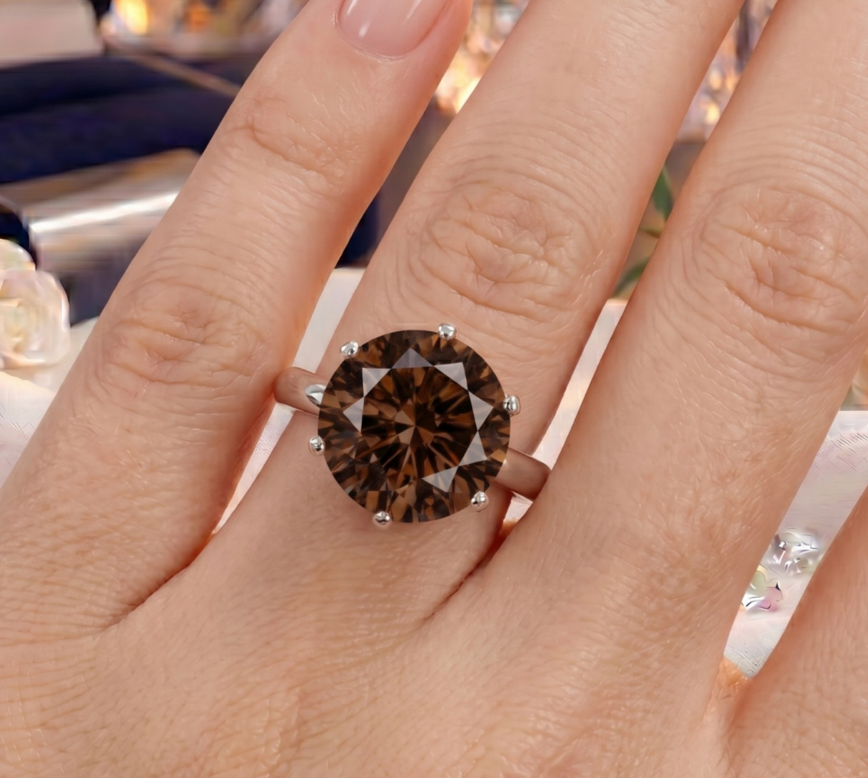 RARE 5.00 Ct Certified Round Cut Brown Natural Diamond Ring White Gold Finish