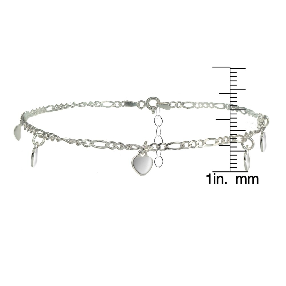 Sterling Silver Figaro Chain Anklet with Dangling Heart Charms