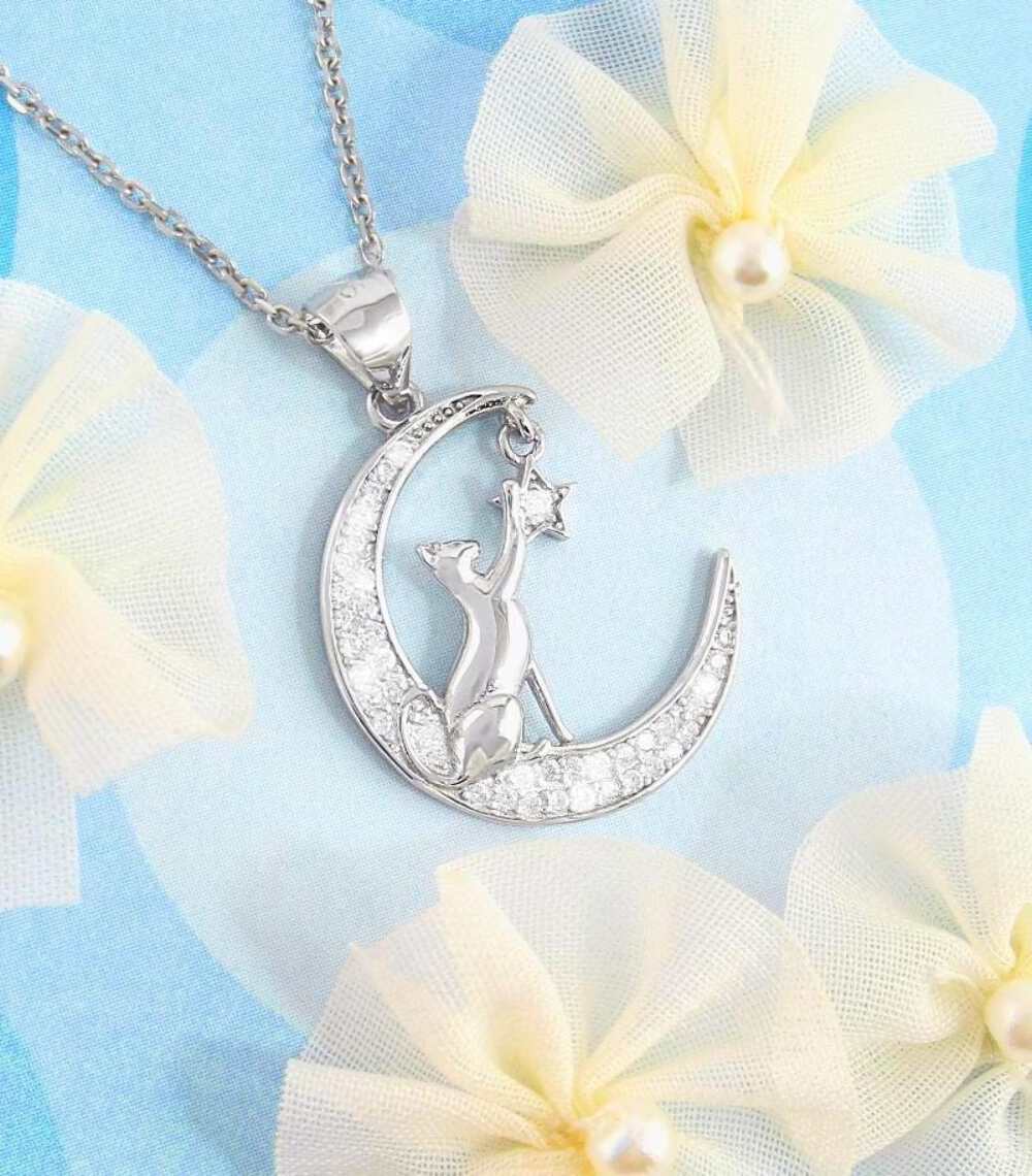 Cat Reaching for Star Crescent Moon Pendant ONLY No CHAIN Kitty wh468