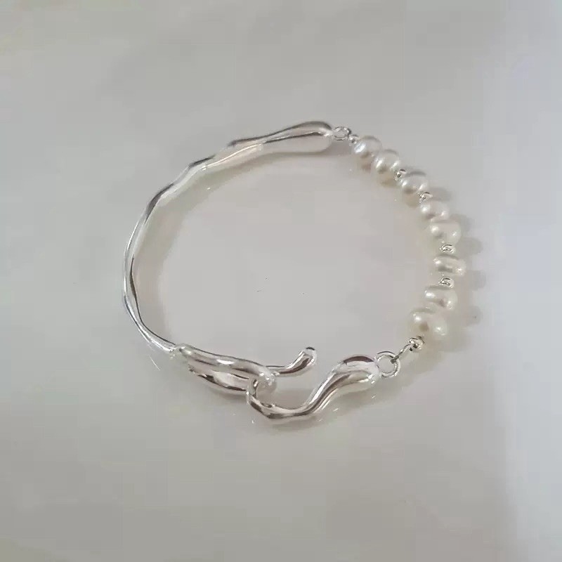 Pearl Open Cuff Bracelet Irregular Wave Bangle Asymmetrical Pearl Bracelet 008