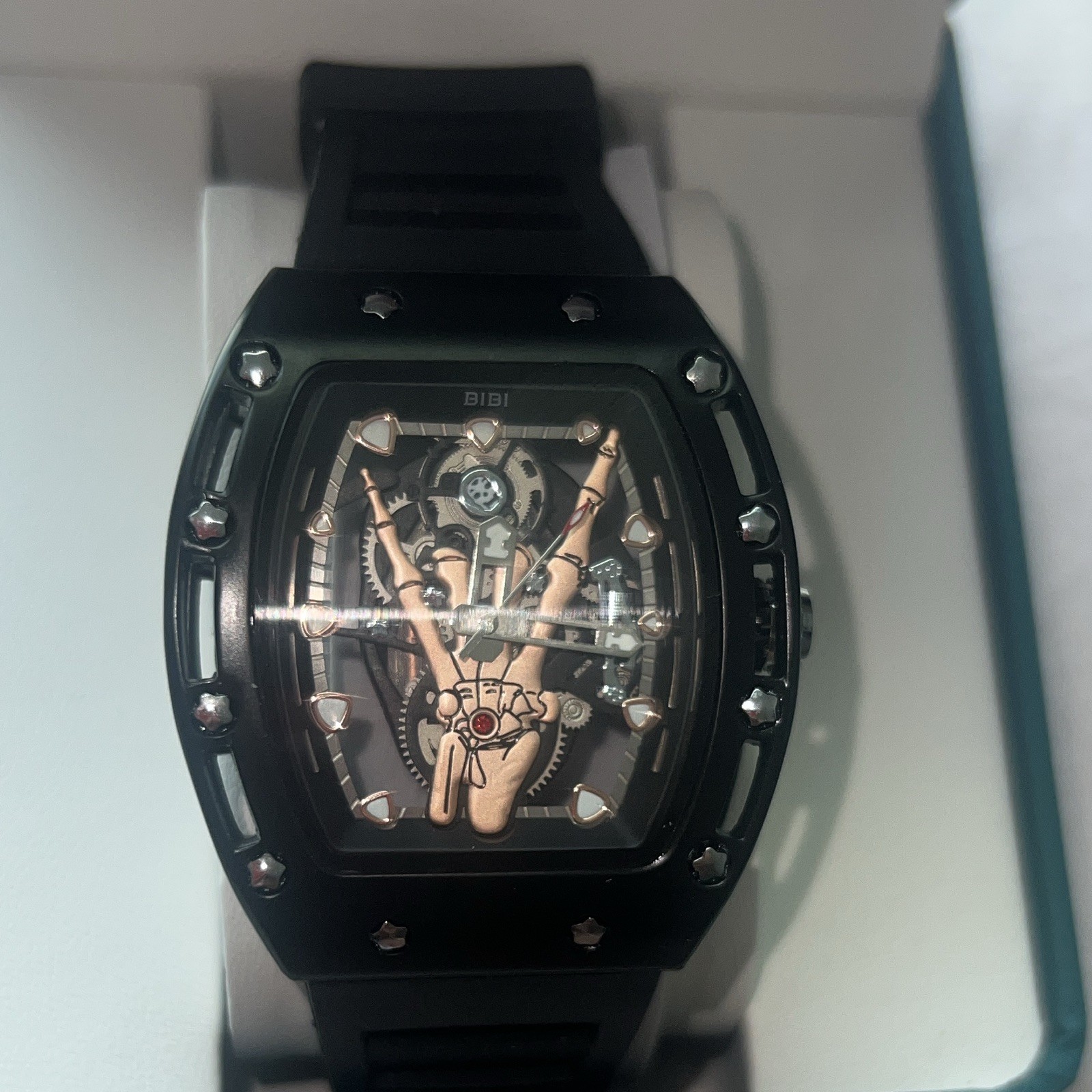 BiBi Luxury Automatic Watch 45mm Tonneau Skeleton Dial Black Rubber Box