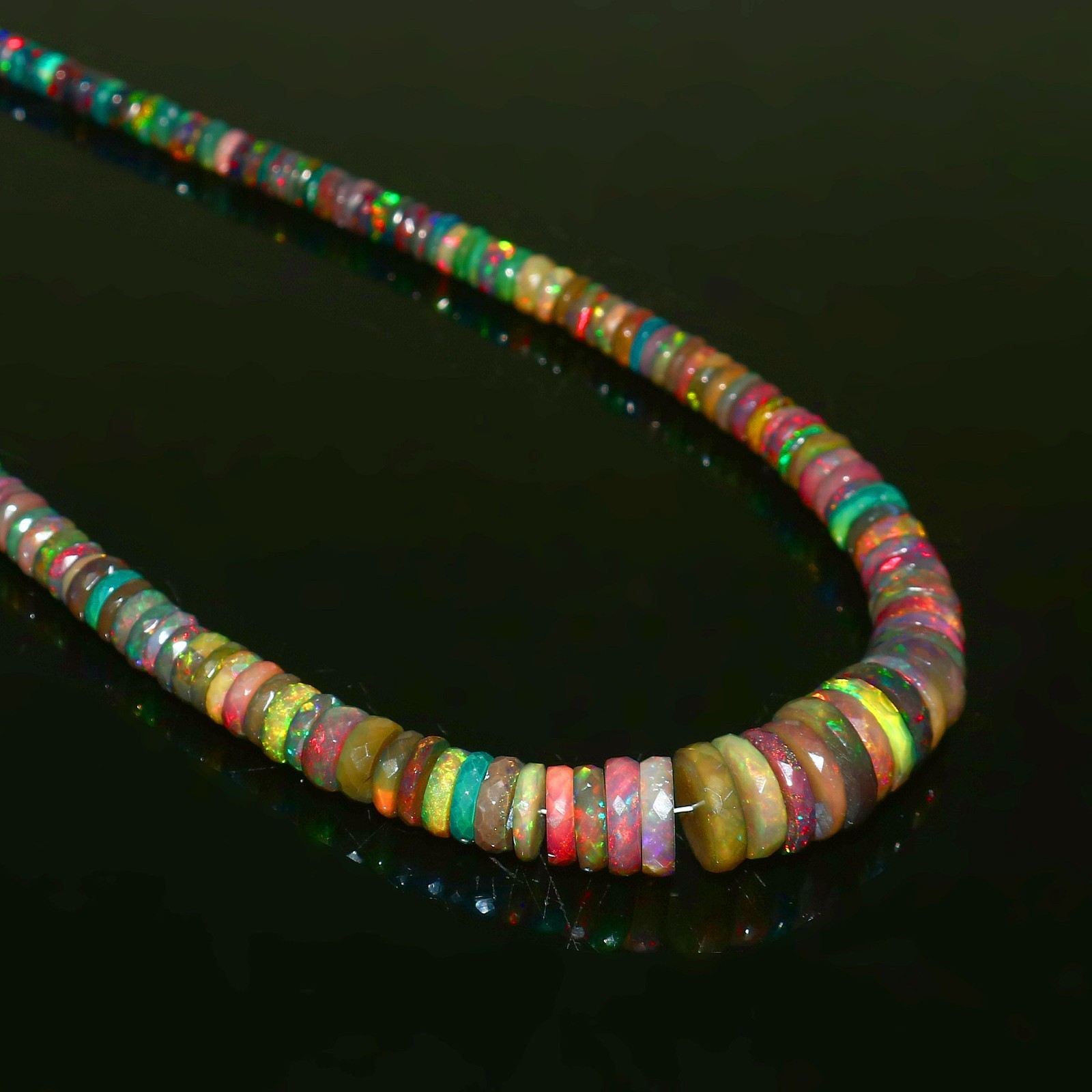 Ethiopian Welo Opal Faceted Round Bead Necklace Multi-Color Play of Fire 562