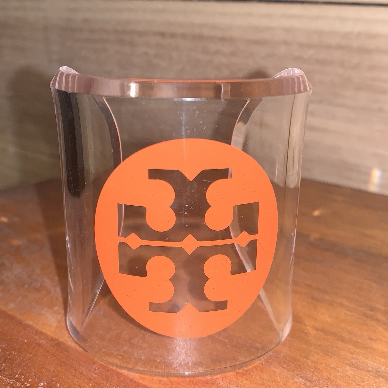 TORY BURCH Cuff Bracelet Acrylic Lucite Resin Clear With Orange Logo Fall Color