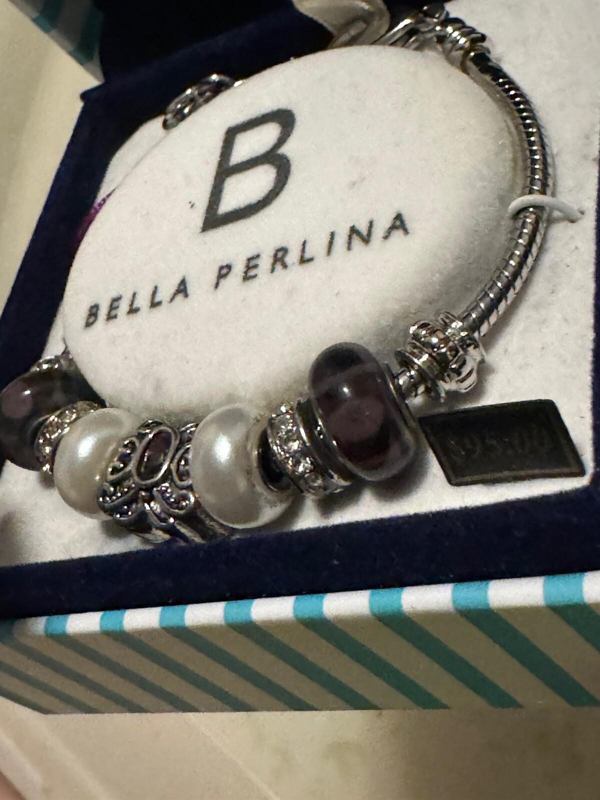 Bella Perlina Purple Butterfly Charm Metal & Pearl Beaded Silver Charm Bracelet