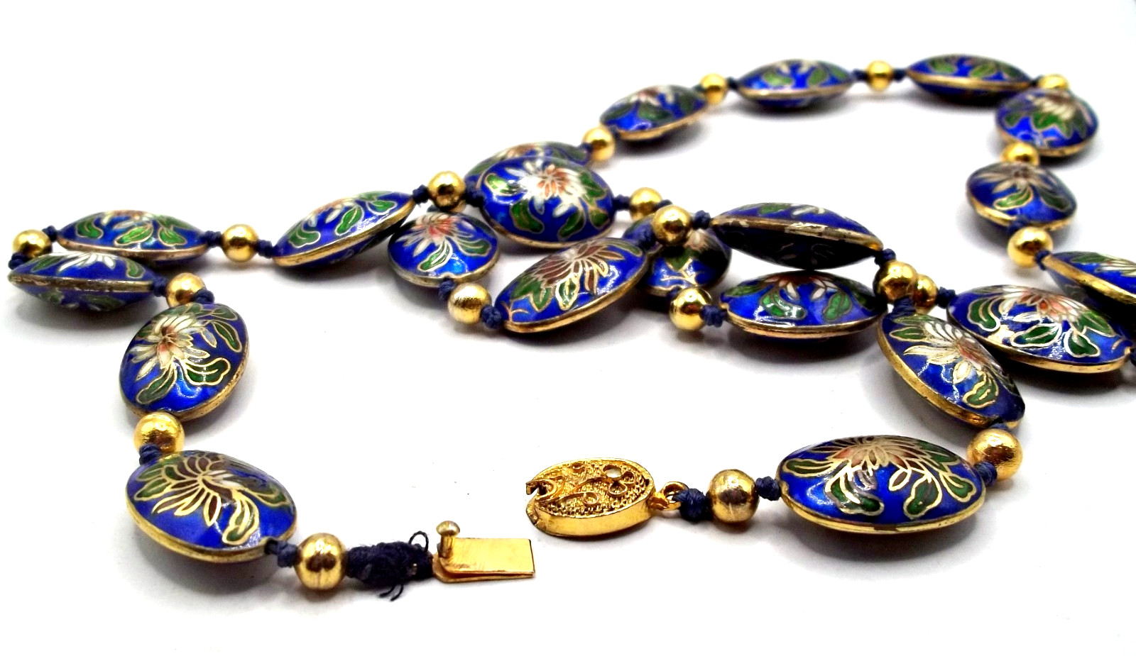 Vintage Chinese Export Blue Cloisonne Enamel Flat Oval Beads Beaded Necklace