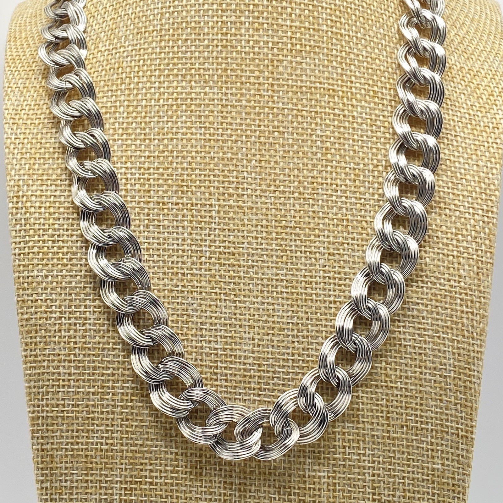 Monet Double Curb Link Necklace Silver Tone Vintage Hook Closure 1980s 20”