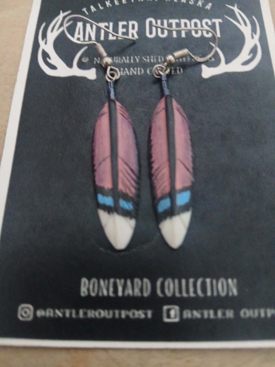 HANDMADE CARVED WATER BUFFALO BONE FEATHER EARRINGS ALASKA BONEYARD COLLECTION