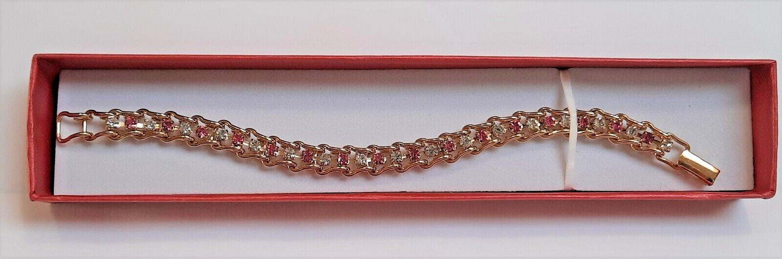 Vintage Rhinestone & Gold Tone Tennis Bracelet 7.25in Fold-Over Clasp