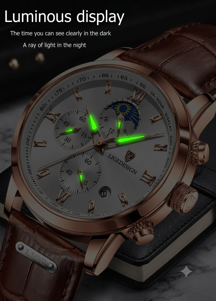 Men’s Watches Quartz Luminous Date Dial Waterproof Leather Business Wristwatch