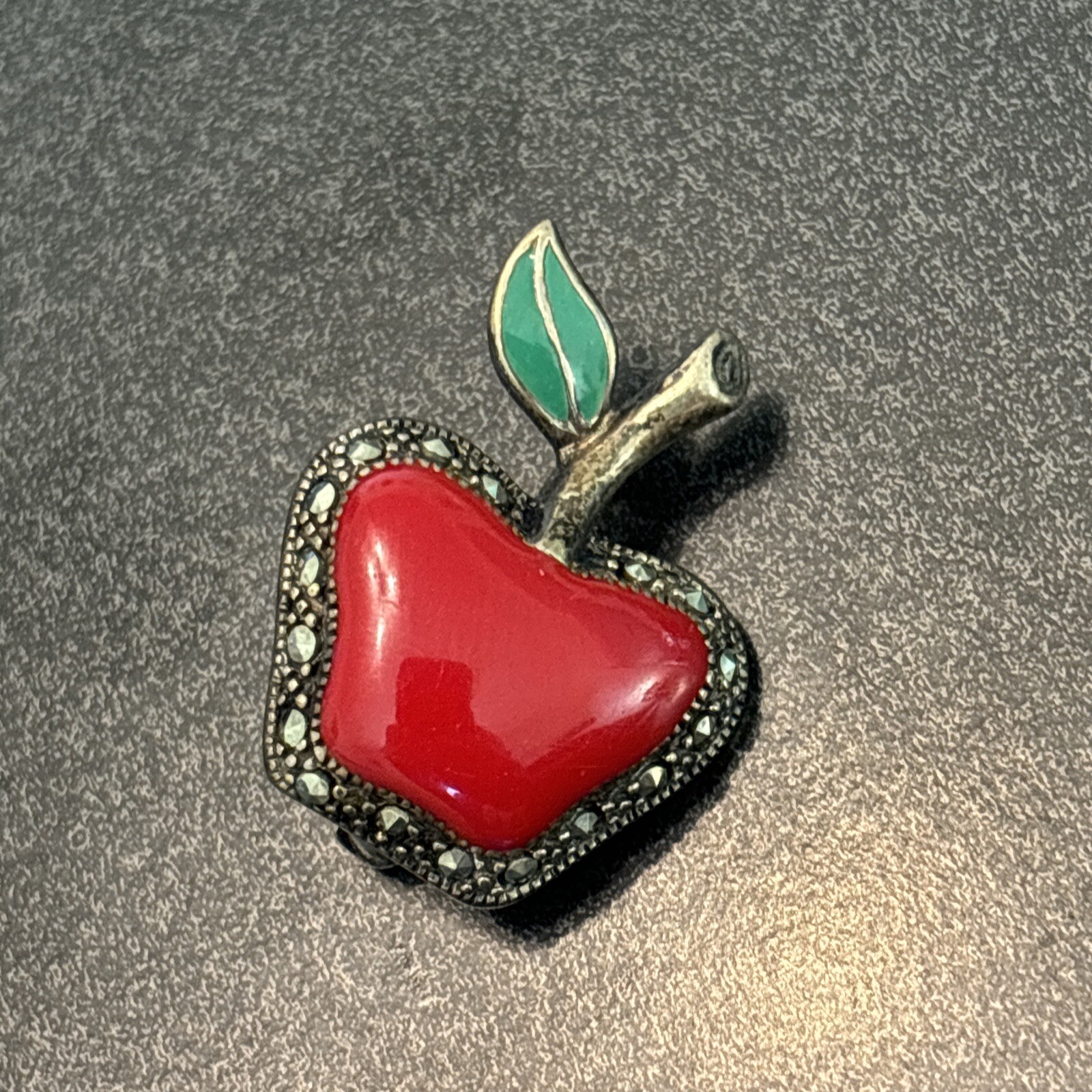 A Designer Signed Vintage Red Apple Enamel Marcasite Brooch Sterling Silver Yu