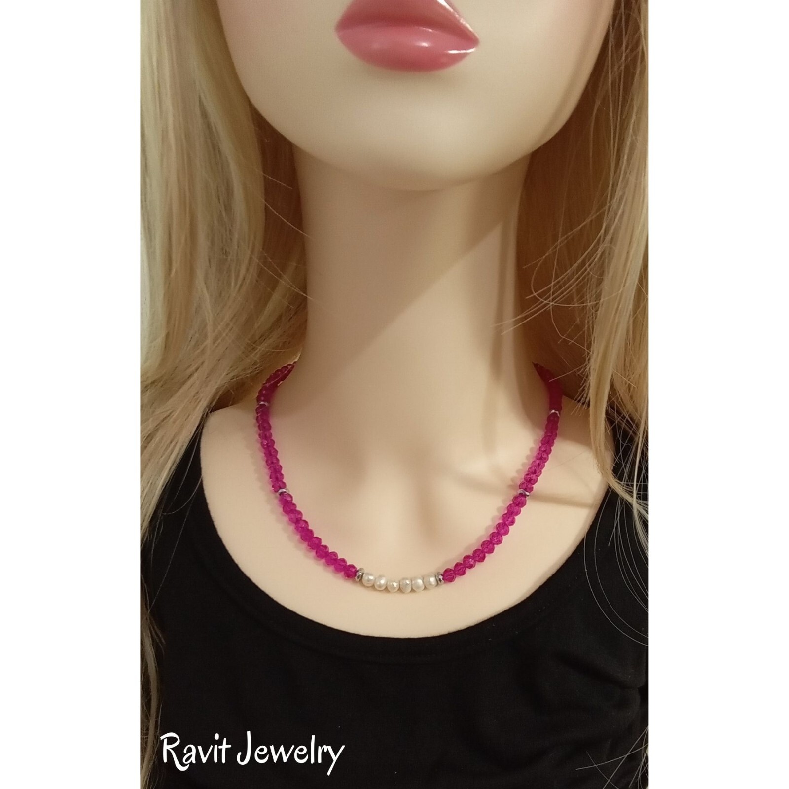 HOT PINK FUCHSIA Necklace Rondelle Glass Beads With Natural Freshwater Pearls