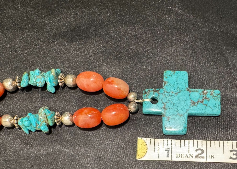 Solid Turquoise Cross Necklace Coral and Sterling Nuggets Heishi Beads 22″ 114 g