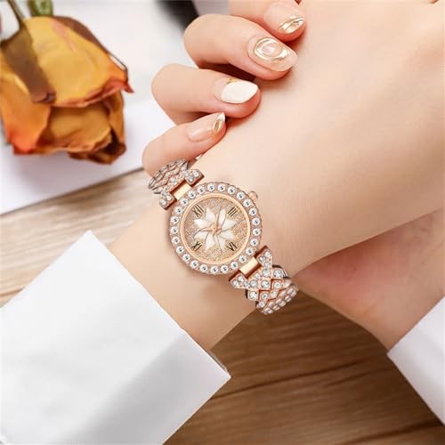 Women Luxury Watches Steel Band with Diamonds Bracelets Watches Set Rose gold