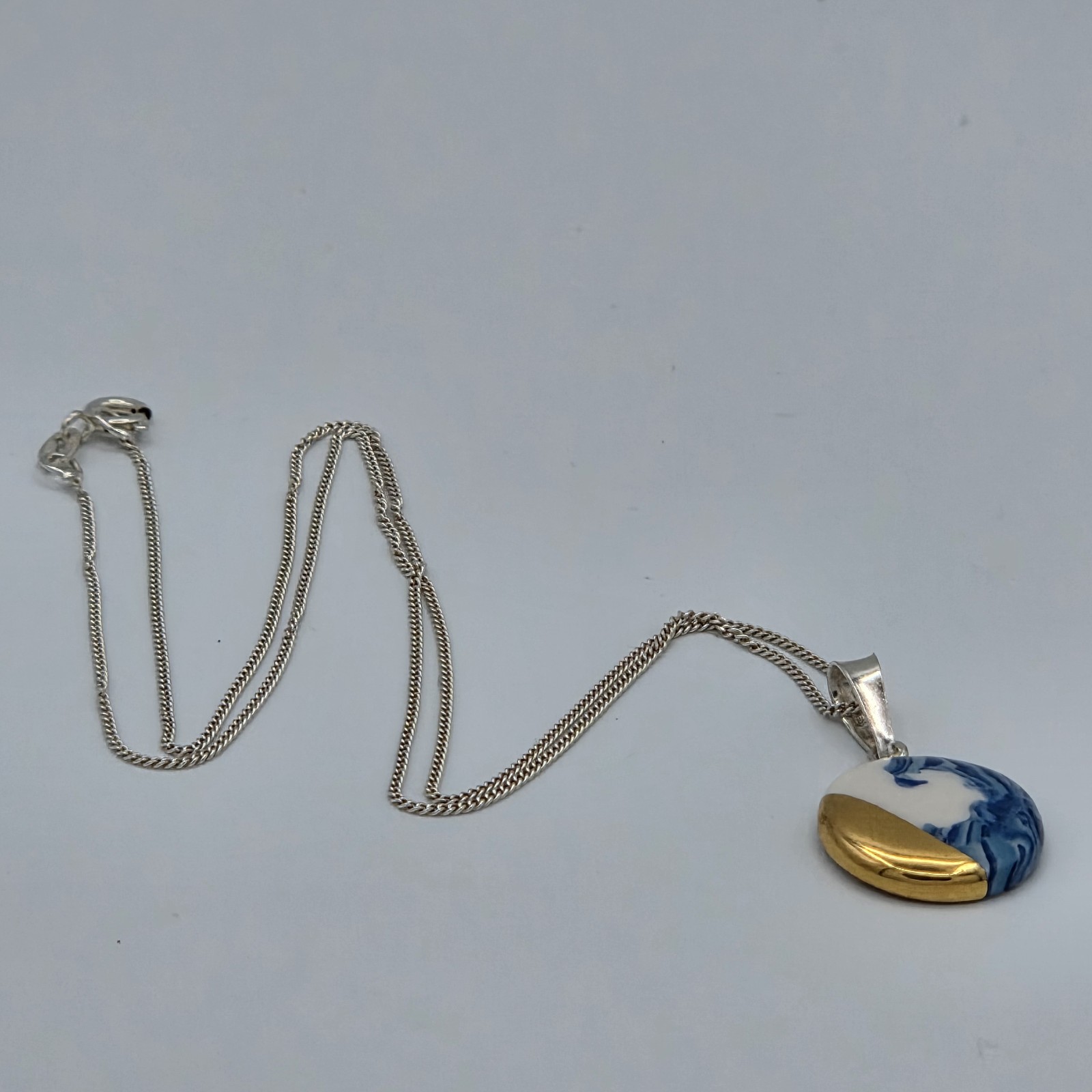 Artisan Porcelain Pendant Blue & White Gold Dip 925 Sterling Bail & 18″ Necklace