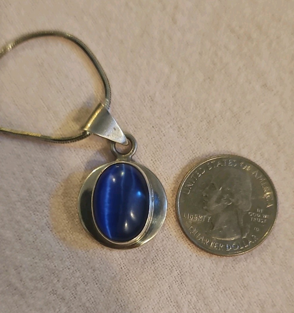 Stunning Modern Style Sterling Silver & Blue Cats Eye Thermoset Pendant Taxco