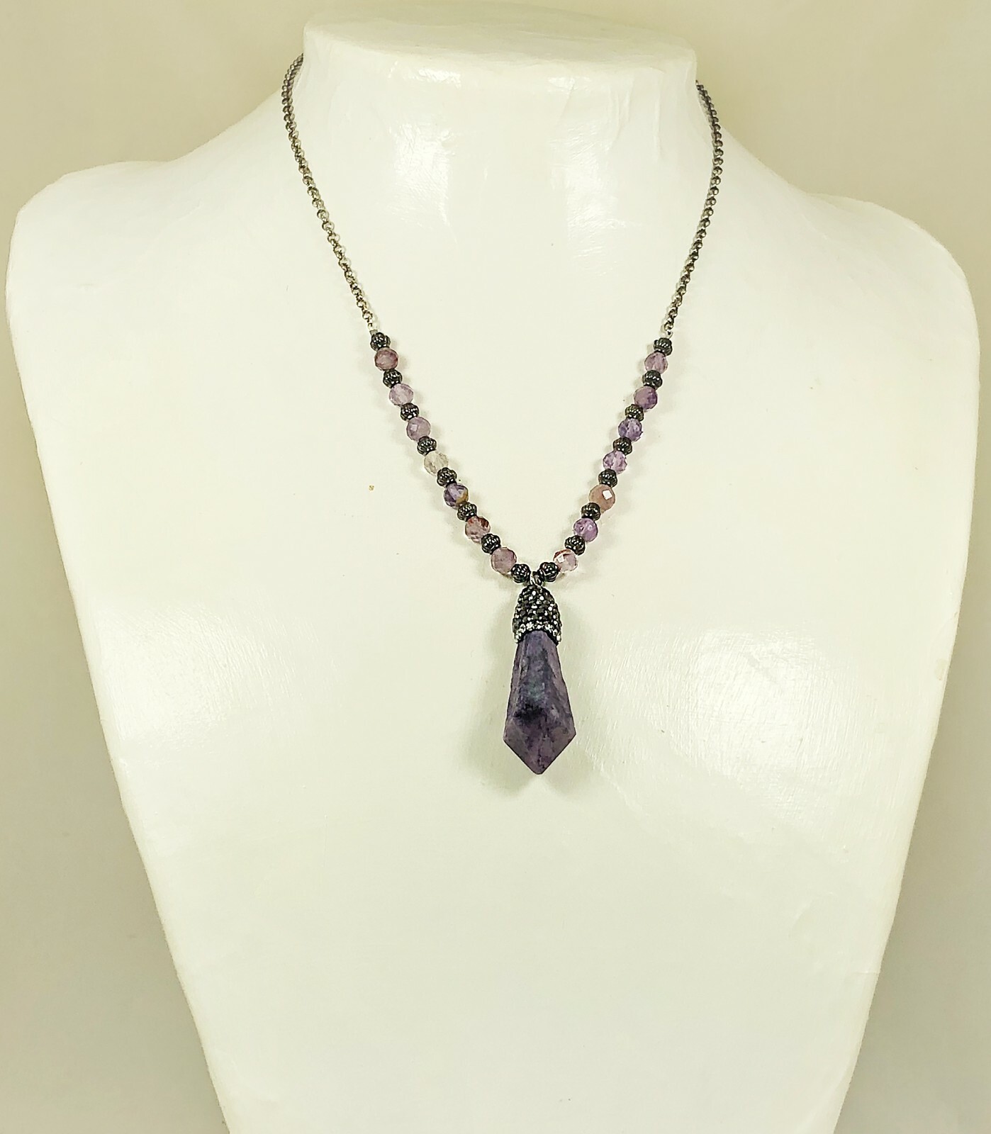 Purple Quartz Crystal with Rhinestone Bail and Faceted Phantom Quartz Beads