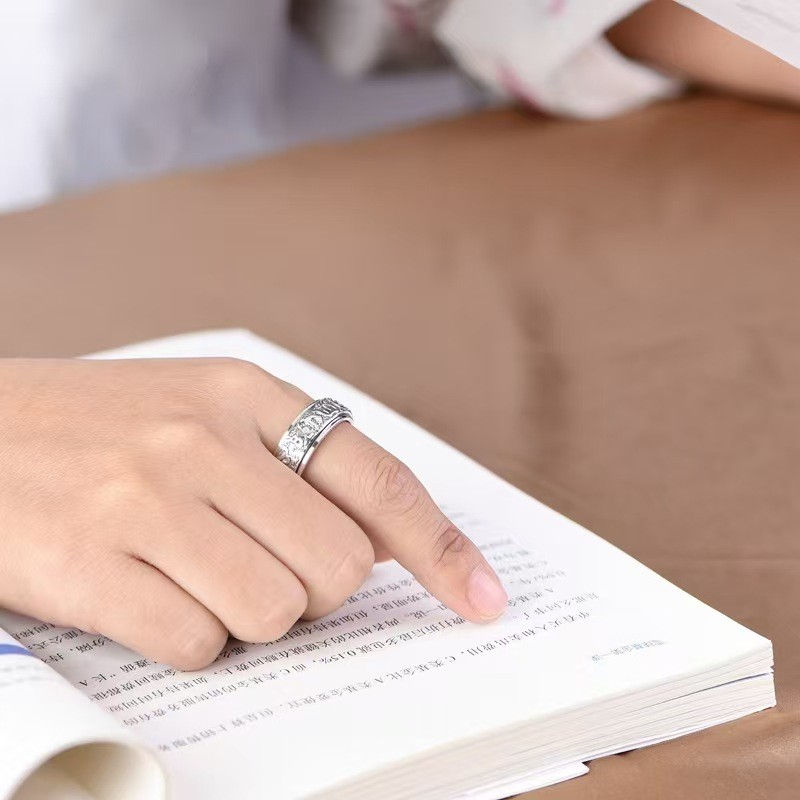 Pure S925 Sterling Silver Band Men Women Six Words Pixiu Ring Us Size :8-13