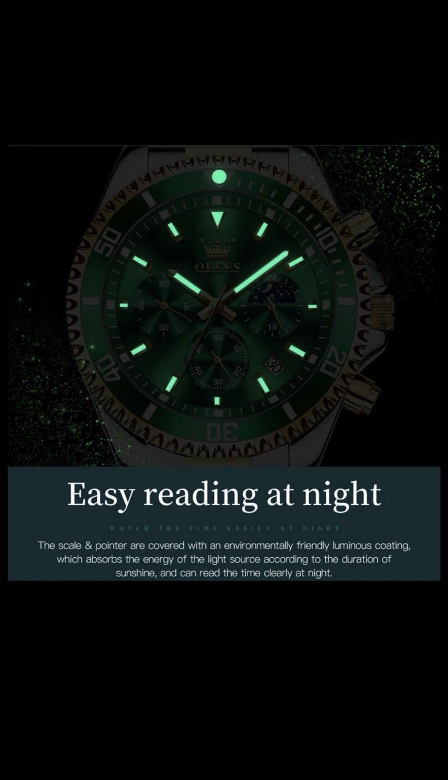 OLEVS Men Luxury Watch Waterproof Diver Quartz Chronograph MoonStainless Steel