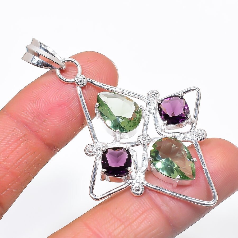 Green & Purple Amethyst Gemstone 925 Sterling Silver Jewelry Pendant Size 2.5″