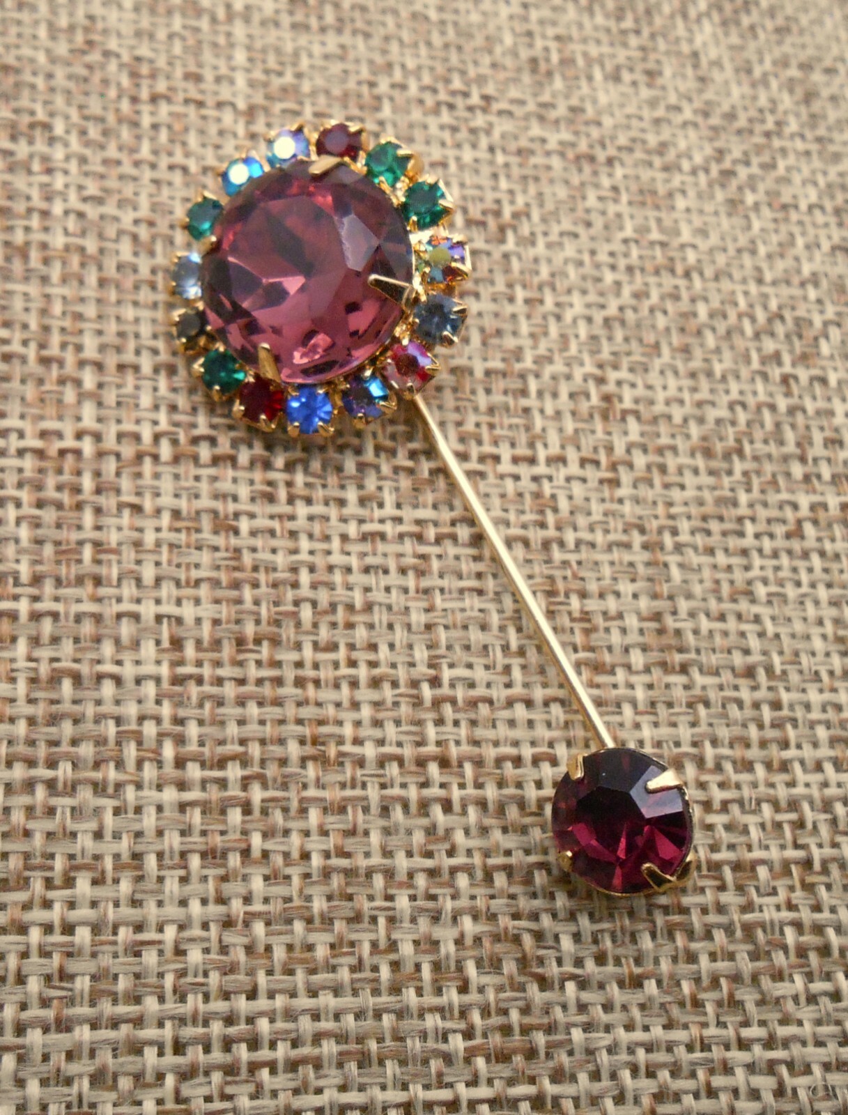 Vintage Amethyst Purple Glass & Multicolor Rhinestone Stickpin Gold-tone A705