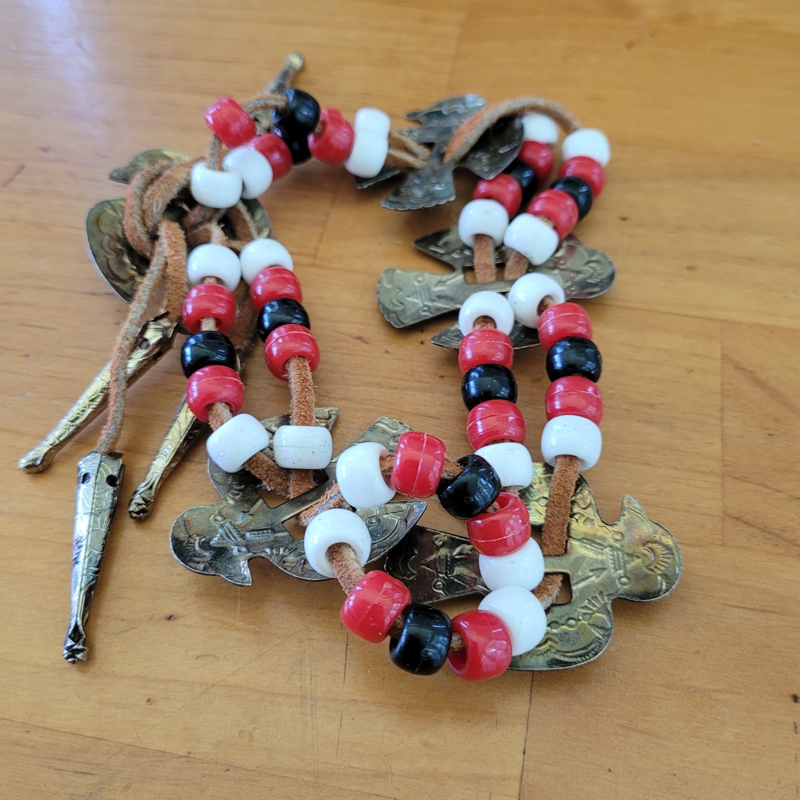 Tribal Southwestern Multi Strand Bracelet Red Black White Beads Bird Plaques 40g