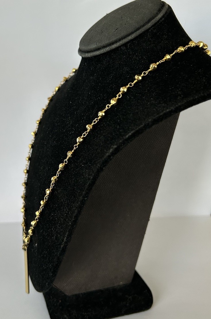 17” Gold Tone Station Faceted Bead And Chain Drop Bar Pendant Necklace