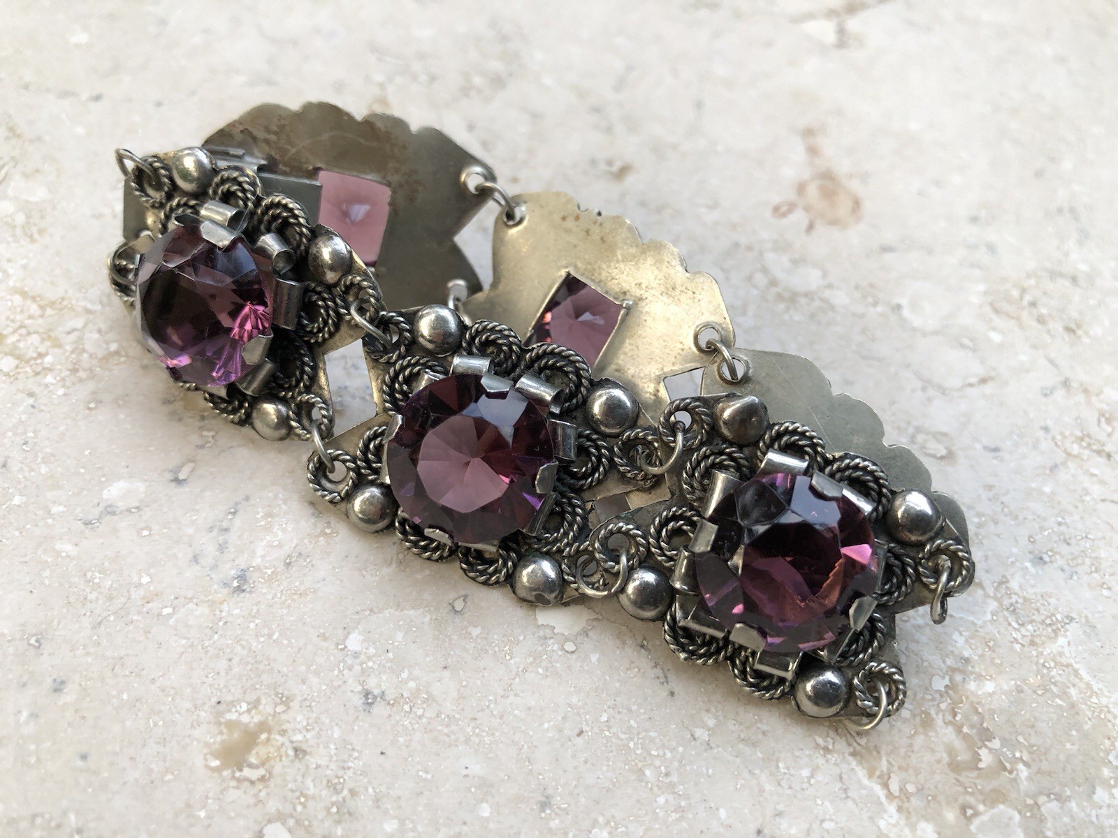 🌟🍇Vintage MEXICO STERLING SILVER Purple Color Stones STATEMENT PANEL Bracelet