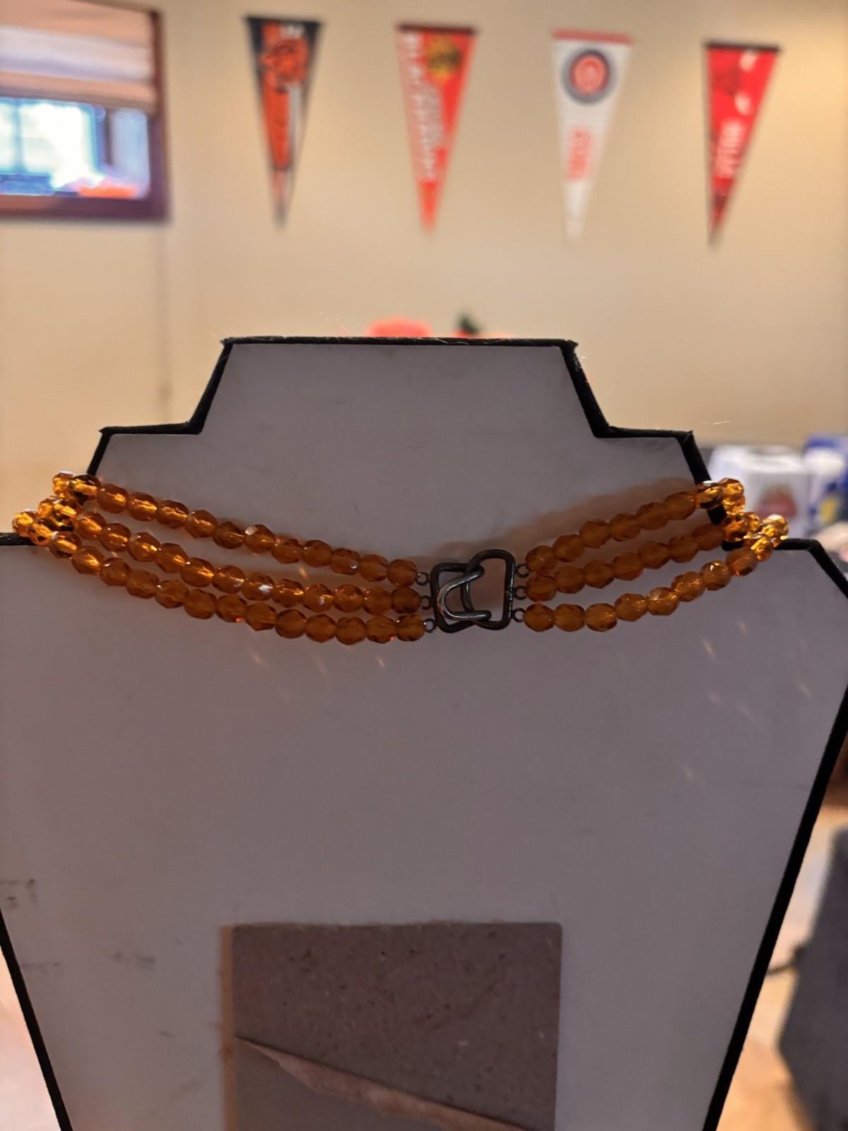 Orange Teardrop Crystal Pendant Layered Beaded Ball Chain Necklace Box Clasp