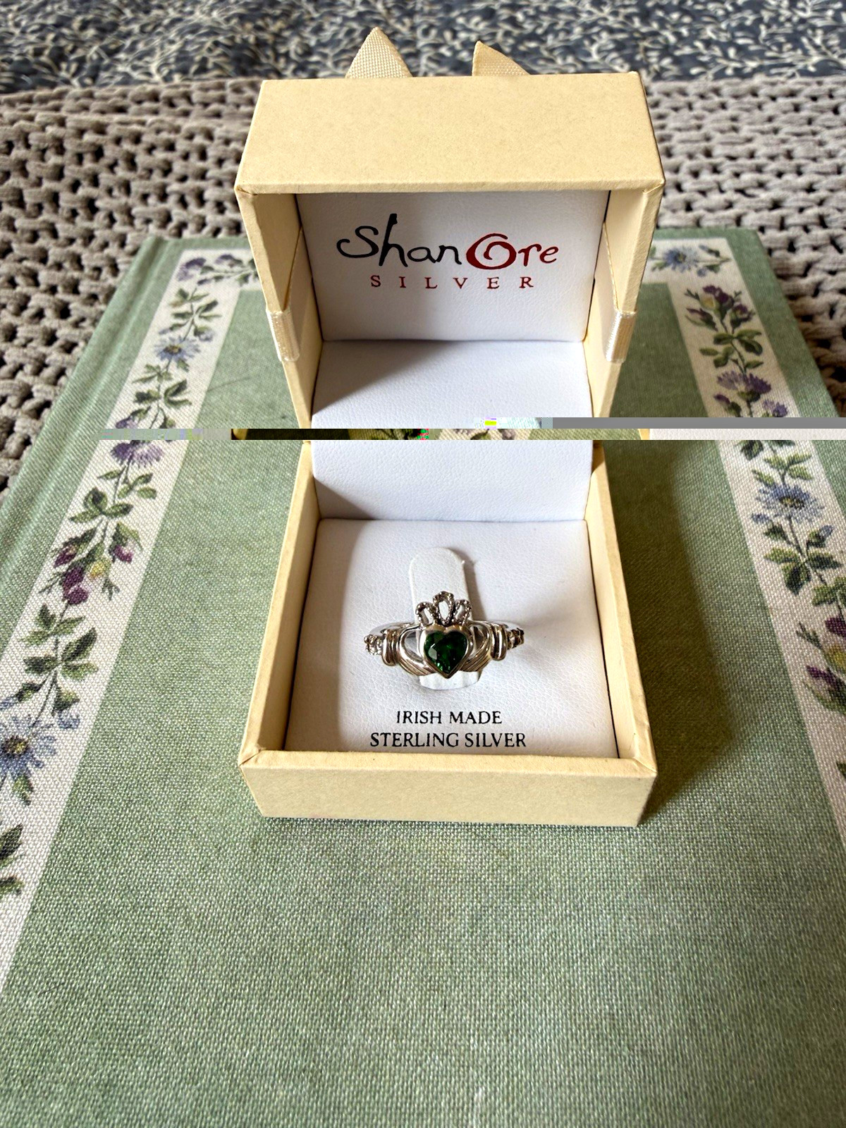 ShanOre Sterling Silver Claddagh Band Ring Size 6 Emerald Green Heart w/Box