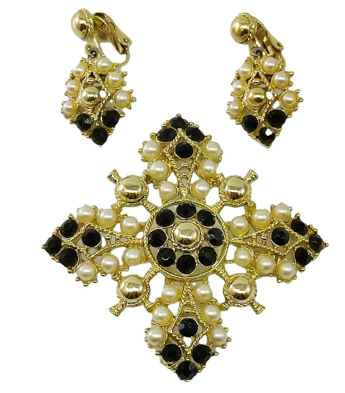 Vintage White Black Gold Tone Brooch & Earrings Set