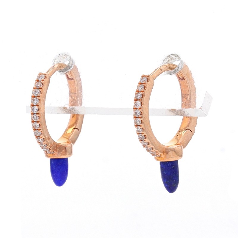 Rose Gold Lapis Lazuli & Diamond Huggie Hoop Earrings – 14k Bullet Cab .12ctw