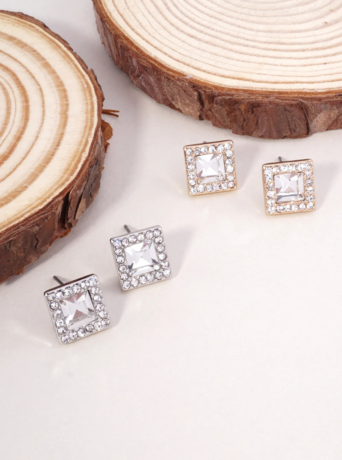 Square Glass Pavé Rhinestone Stud Earrings 0.4in, Gold or Silver Tone