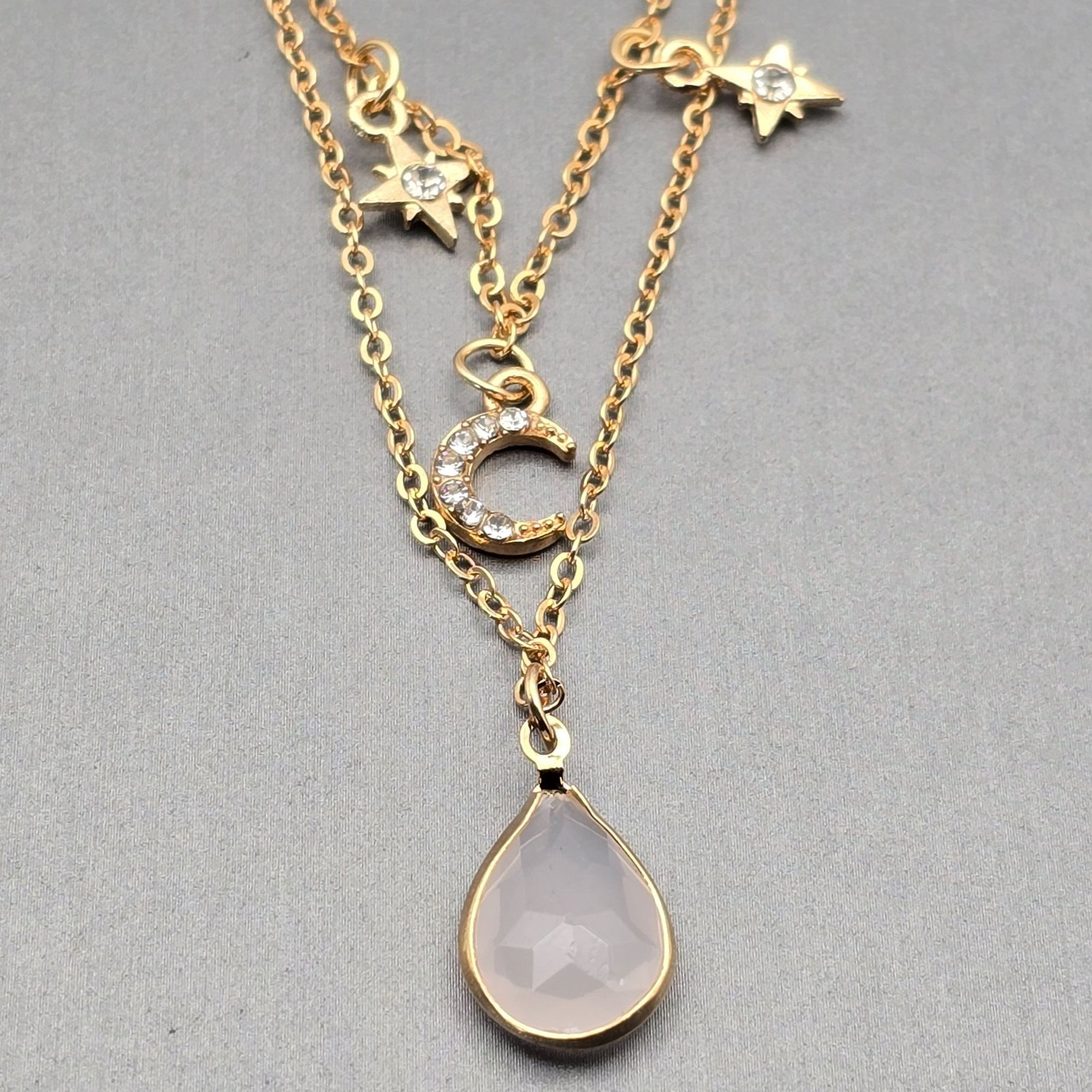 Celestial Star & Moon Teardrop Pendant Layered Necklace 16″ Gold-Tone Adjustable