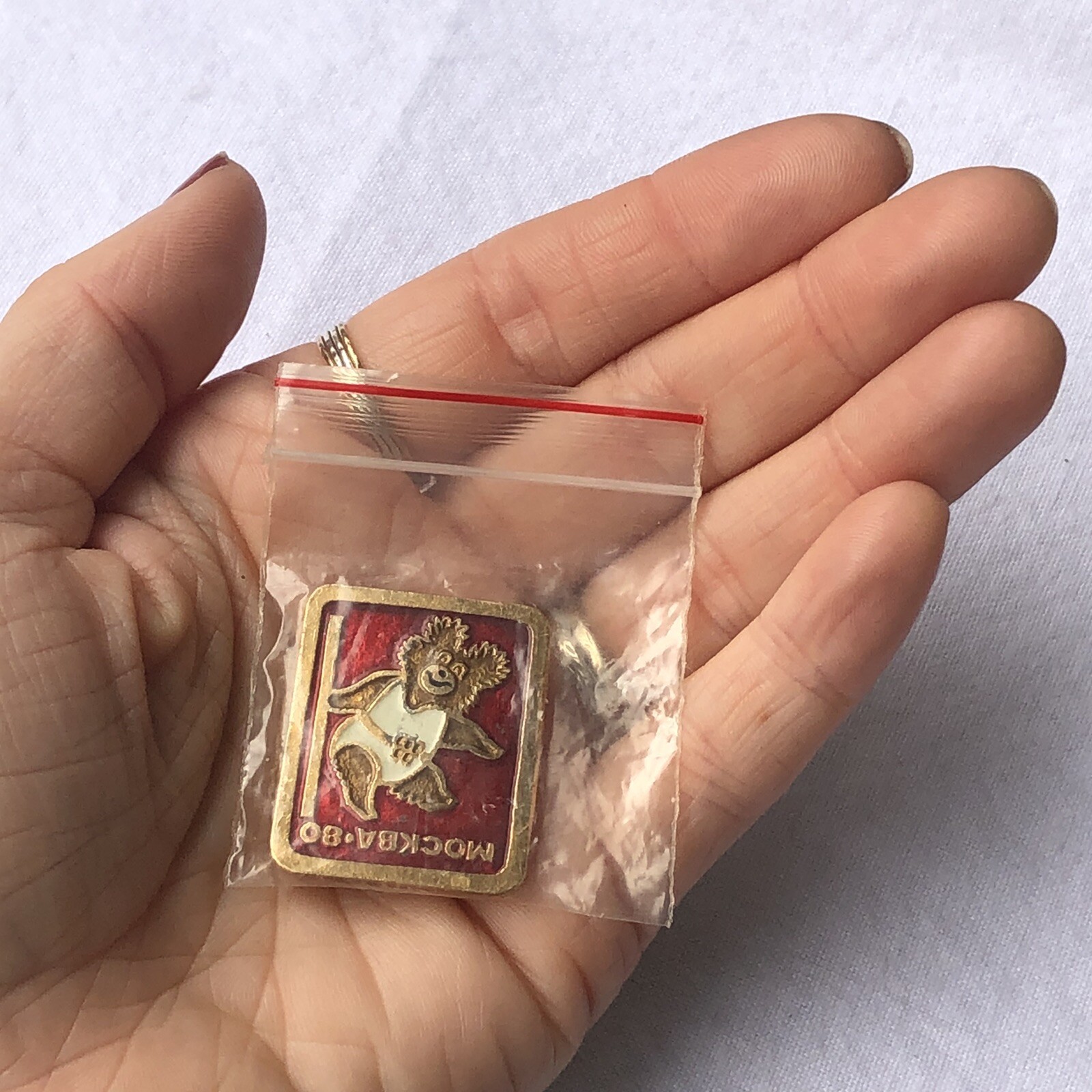 Gold white red brown vintage Soviet Russian Olympics Bear Misha enamel lapel pin
