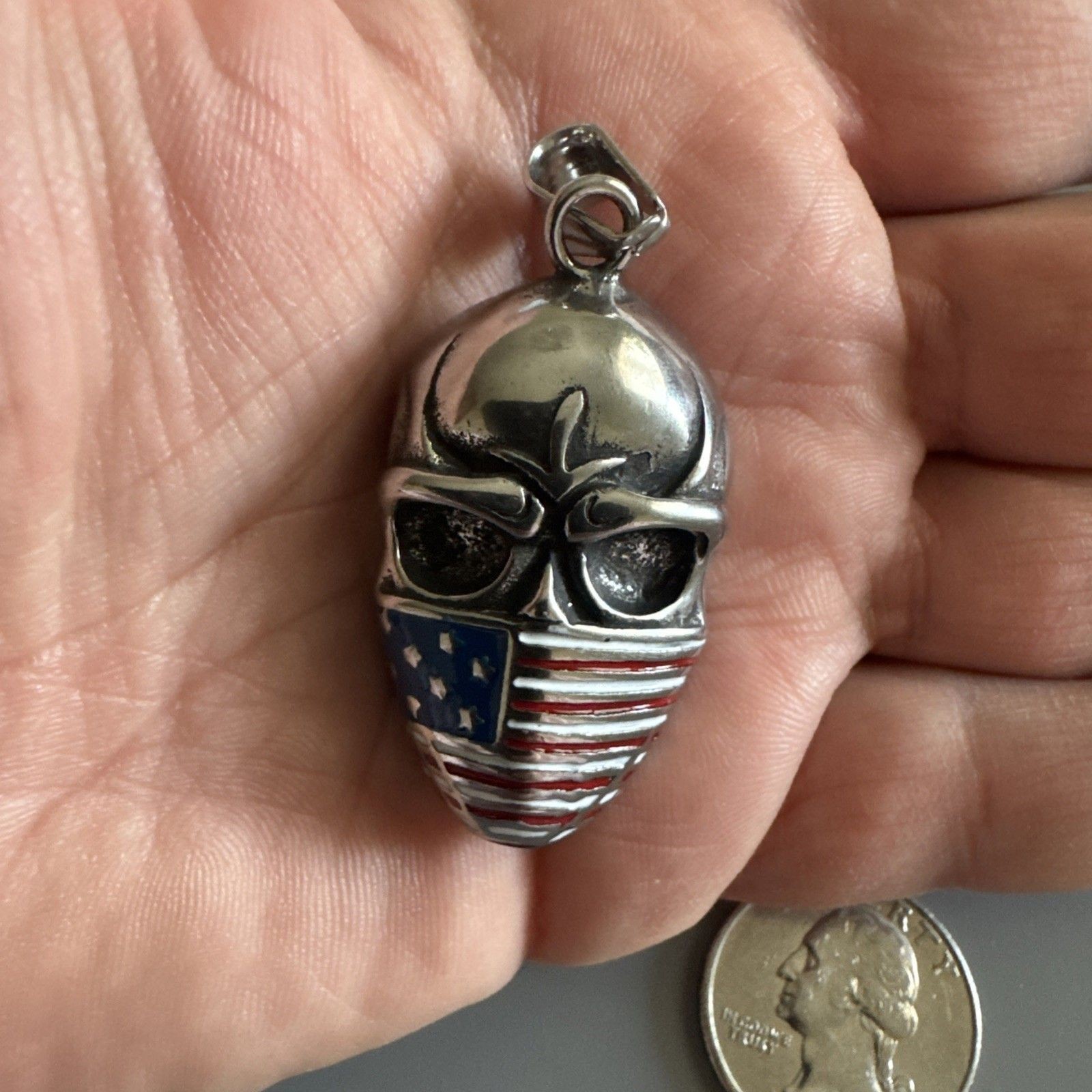Flag Face Bandana Skull Pendant Stainless Steel on Cuban Link Chain U.S.A. Gift
