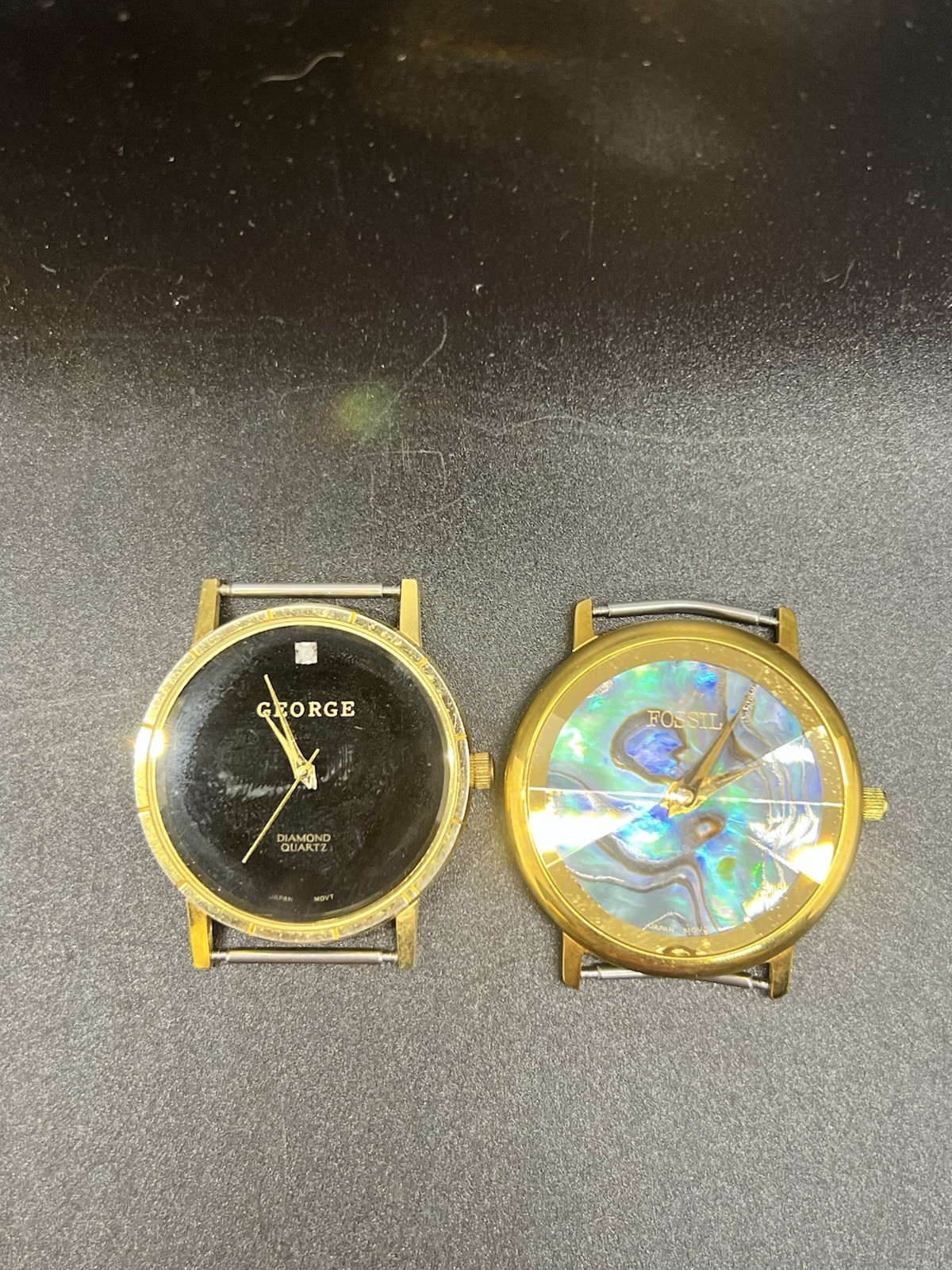 Two Vintage Watch Faces Lot- No Bands – George And Fossil -Numberless – Abalone
