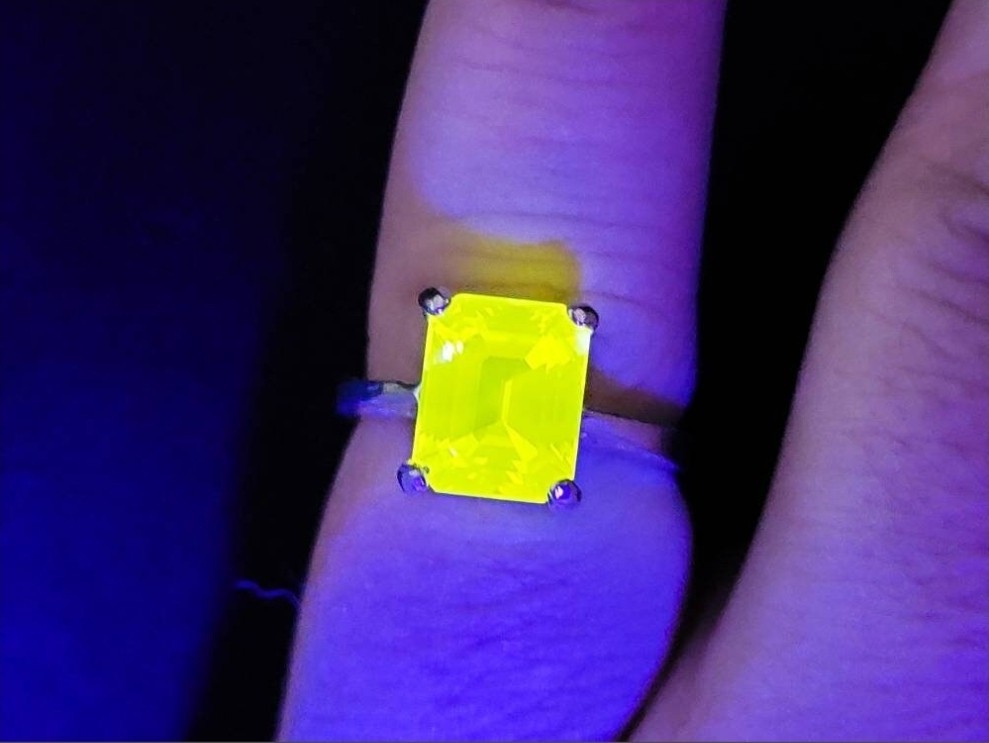 Sterling YAG Ring UV Yellow Yttrium Aluminum Garnet Emerald Cut Solitaire 925