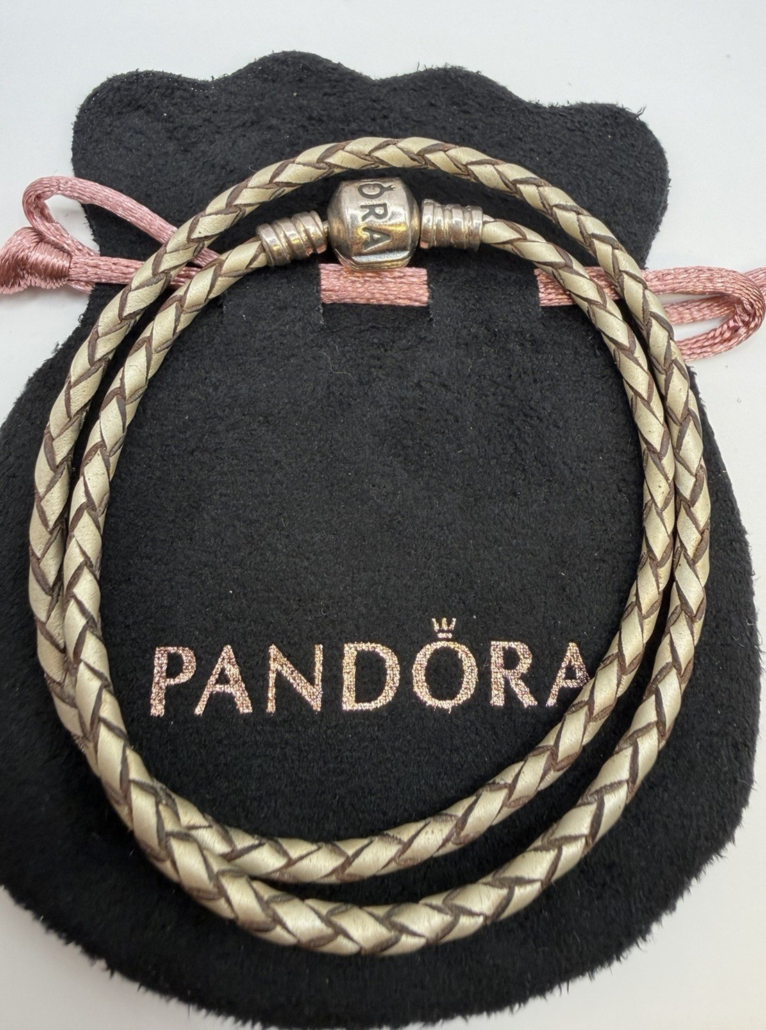 Genuine Pandora Champagne Leather Double Wrap Bracelet S925 ALE 38cm