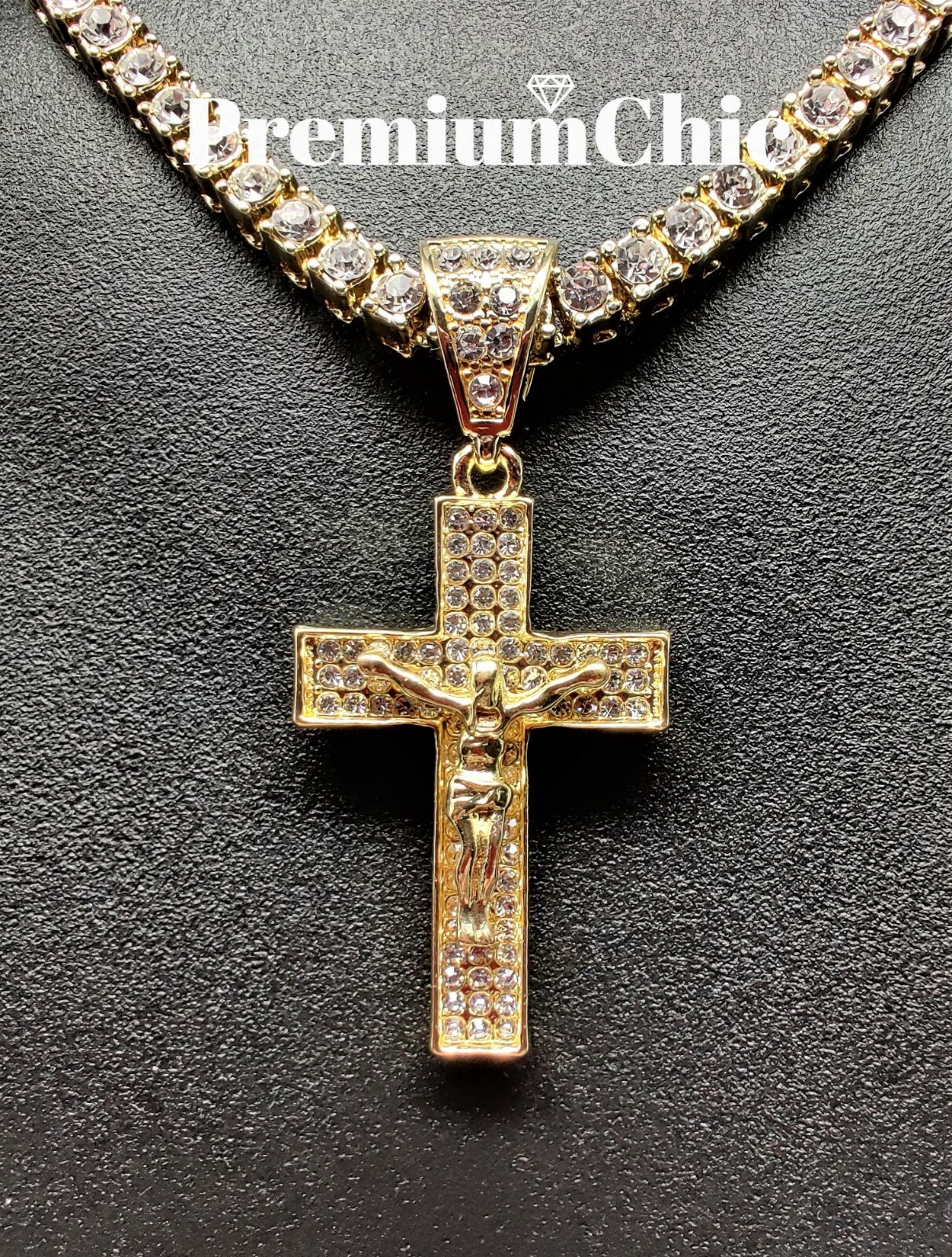 ICED Jesus Cross Pendant Necklace w Rope or Tennis Chain Mens Plated CZ Jewelry