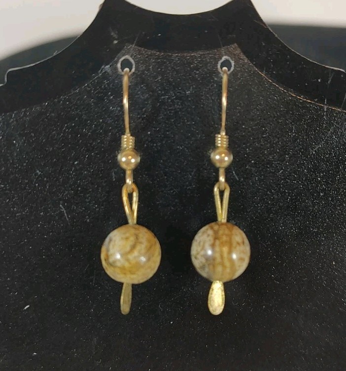 Vtg Artisan Sandstone Bead Dangle Earrings 14K GF Hooks Handmade Natural Stone