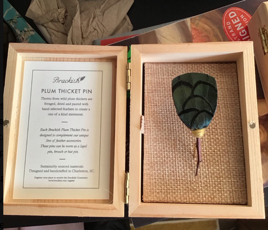 Brackish Dewey Plum Thicket Feather Lapel Pin Brooch Hat Pin New w/ Wood Box