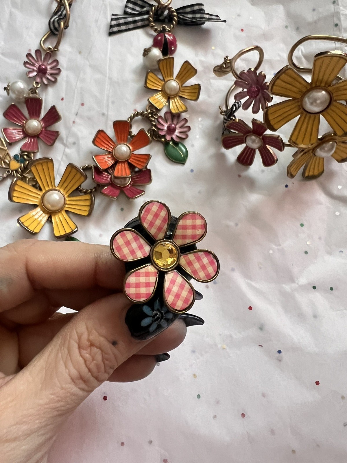 Betsey Johnson Picnic Flower Garden Necklace ring cuff bracelet set of 3